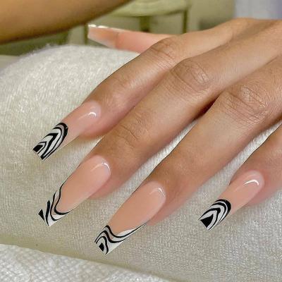 China Easy Apply Hand Made Shinny Finger Nails Press On French Long Coffin Nails Zebra Pattern Shiny Long Lasting Fake Nails for sale