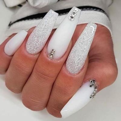 China Easy Apply Luxury Designer Fake Nails Extra Long Ombre Wedding Jewelry Pre-designed Nails Natural ABS Stones Coffin Decoration Nails Tips for sale