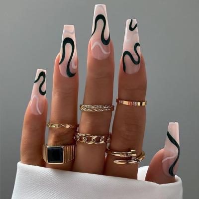 China Easy Apply Long Transparent Ballerina Clear Press On Nails Dark Green Wave Lines Plain Stick On Finger Nails Artificial False Nails for sale