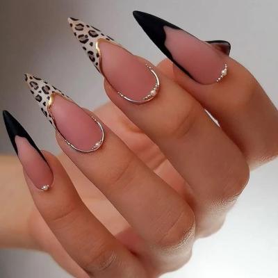 China Easy Apply Full Cover 24pcs Long Nail Tips Almond Decals Leopard Print Party Wholesale Long Press On Nails Kit Handmade For Stiletto for sale