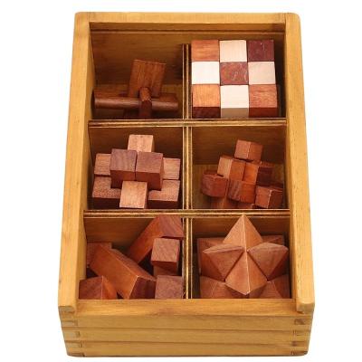 China Educational IQ Brain Teaser Mind Puzzle 3D Brain Puzzle With Wooden Box Wooden Q.I. 6PCS Luban Lock Puzzle for sale