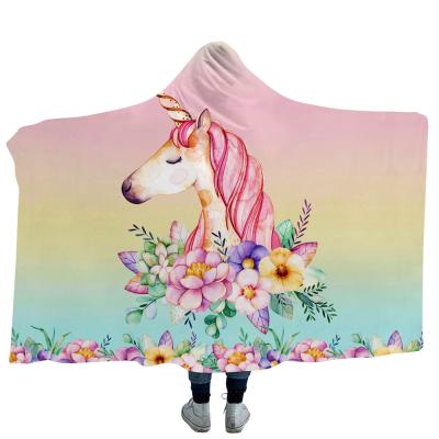 China Amazon Unicorn Flannel Fleece Sherpa Hood Wearable Custom Printed Blanket for sale