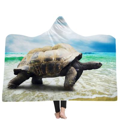 China Portable Ready to Ship Custom Printed Amazon Turtle Flannel Fleece Sherpa Hood Blanket for sale