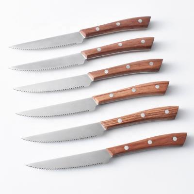 China Durable High Quality Stainless Steel Steak Knife Handle Serrated Wooden Steak Knives Set Of 6 for sale