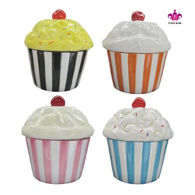 China Full Painted Ceramic Cartoon Cupcake Design Home Decor Cookie Candy Jar Viable For Gift for sale