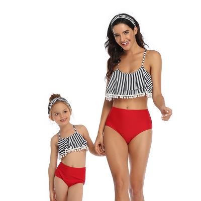 China 2020 YZC4 RTS Breathable Women Swimwear Black White Stripe Tassel Top With Red Defeat Swimwear Adult Bikini Set Kids Swimwear for sale