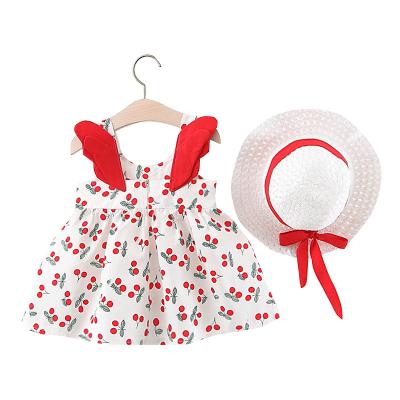 China 2020 Wholesale New Anti-static Summer Baby Clothes Cute Cherry Print Flower Girl Dress With Hat for sale