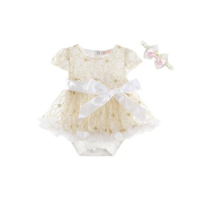 China 2020 Anti-Static Wholesale Embroidered Lace Ruffled Baby Knitted Cotton Romper Tulle Dress With Bow for sale