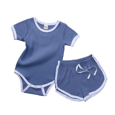 China Breathable Unisex Newborn Babies Clothing O Neck Romper With String Shorts Ribbed Two Piece Set for sale