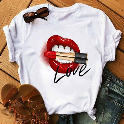 China Breathable Super Cheap Women Shirt Promotion Graphic Lips Print Adults White T-shirts For Women for sale