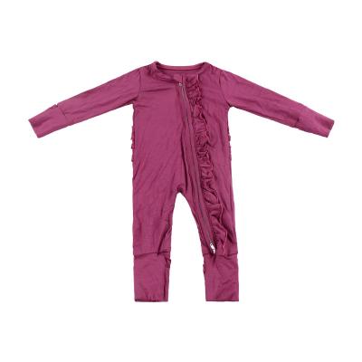 China Spandex/Fiber LT-565-YXL Ruffles Mitten Hands Purplish Red Babies Bamboo Newborn Photography Baby Wears Bamboo Baby Zipper Footie Romper for sale