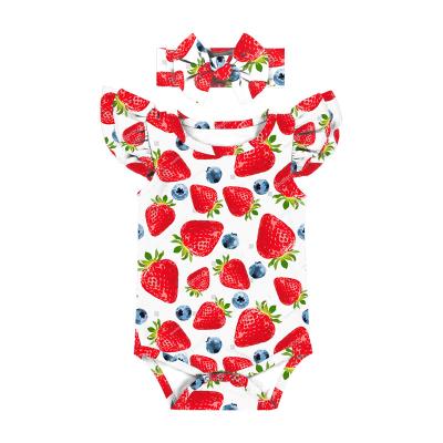 China Custom Printed High Quality Cotton Spandex/Cotton LT-060-ZXN High Quality Strawberry Floating Sleeve Baby Rompers Soft 100% Cotton Headband Baby Onesie Set for sale