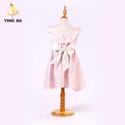 China Pink Breathable Short Sleeves Pleats Cotton Woven Girls Dress for sale