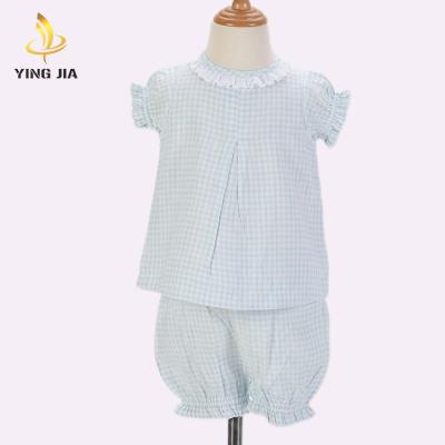 China New design short sleeve children clothes summer kids clothing girl boutique cotton plaid short sleeve baby outfit set for sale