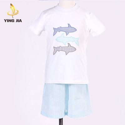 China Short Sleeve Summer Fashion Cotton Knitted Fish Pattern Baby Clothing Boys Toddler Clothes Set for sale