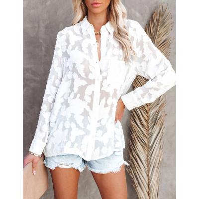 China Fashion Breathable Jacquard Chiffon Long Sleeve Button Down Casual Shirt Full Women's White Blouse for sale