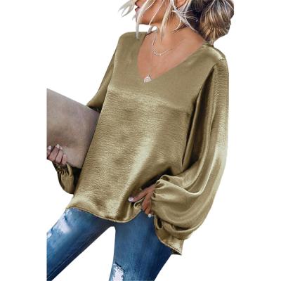 China Breathable Wholesale Cuffs Cinch Gold V-Neckline Long Sleeve Tops Loose Women's Tops for sale