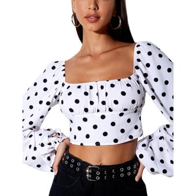 China Breathable White Polka Dot Square Neck Long Lantern Sleeve Customize Ladies Crop Tops for sale