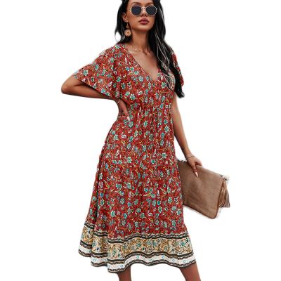 China Anti-Wrinkle Sellling Short Sleeve V-Neckline Maxi Women Boho Floral Dresses Hot Summer for sale