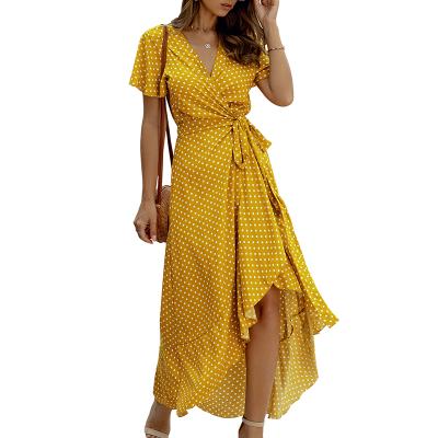 China Casual Polka Dot Long Ruffle Wrap Yellow Maxi V-Neckline Elegant Breathable Women's Dresses for sale