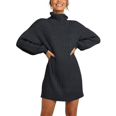 China New Winter Casual Breathable Knit Long Sleeve Women Black Turtle Neck Sweater Dress for sale