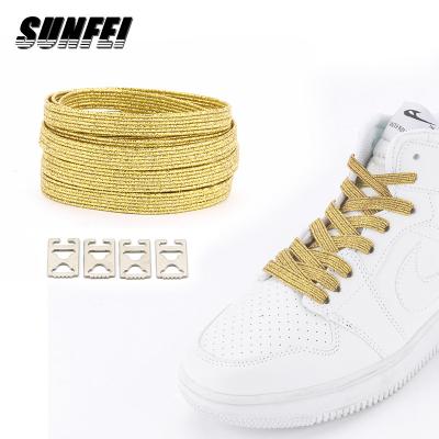 China SunFei Round Flat Elastic Laces With Lock Plastic Loop No Tie Laces Gold Stretch Lace Ulaces No Tie Safety Laces for sale