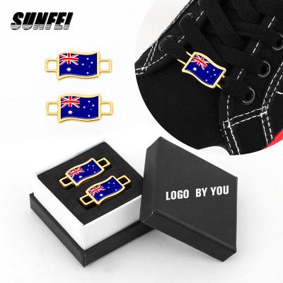 China Eco-froendly; Custom Zinc Alloy Color Sunfei Fading Shoe Accessory Metal Etched Dubraes Tag Flags Shoes Boot Lace Keeper Not Set Lace Charms Set for sale