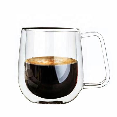 China Sustainable YOYO Egg shaped double wall borosilicate glass handle cup glass colored double wall glass cup beer mug for sale