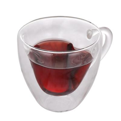 China Sustainable YOYO Classic Style 180ml 240ml Hand Blown Glass Cup Borosilicate glass Tea Cup Love Heart Shaped Double Wall Glass Mugs for sale