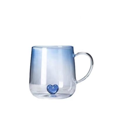 China Sustainable YOYO Heart Bottom glass single layer gradient blue lovers heart mugs with handle creative love milk juice cup water tea cup for sale