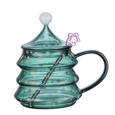 China Sustainable Hot Sales Christmas Tree Cup Glass Cup with Lid Tea Glass Juice Espresso Coffee Cup for sale