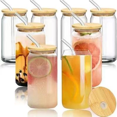 China Sustainable YOYO Custom Logo Sublimation Double Wall Frosted Clear Shaped Can Cup Beer Glass With 16Oz Bamboo Lids And Straw Glass Cup for sale