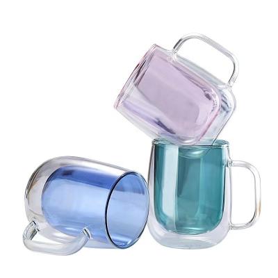 China Sustainable YOYO 350ml  colorful hot selling high borosilicate glass double wall glass cups with handle for sale