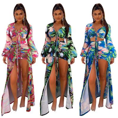 China Fashion Leaf Print High Waist V-Neck Long Sleeve Strappy Swimwear Windproof Bathing Suit 3 Piece Bikini Set for sale