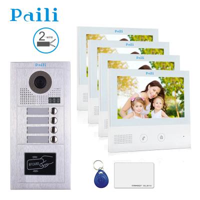 China Home Security System 4 Monitors 1 Apartment Wired Audio Visual Doorbell Camera Four RFID Video Door Phone Intercom for sale