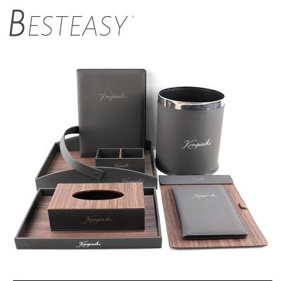 China Besteasy Design Hotel Room Rubbish Bin Sustainable Custom Luxury Stainless Leather Trash Bin for sale