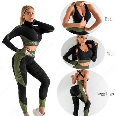 China 2021 3 Piece Gym Workout Clothing Antibacterial High Elastic Yoga Set Women Sportswear Jogging Fitness Yoga Seamless Suit 3 Pcs for sale