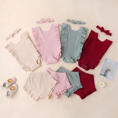 China 3pcs Breathable Infant Shorts And Jumpsuit Baby Sleeveless Rompers With Bow Summer Newborn Baby Clothes Outfits Set for sale