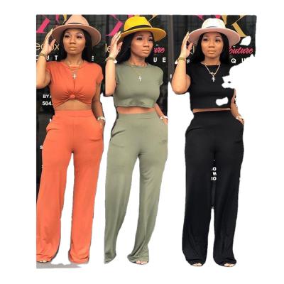 China Hot Sale Solid Color Breathable Crop Top And Casual Wide Leg Pants Women Clothing 2 Piece Set for sale