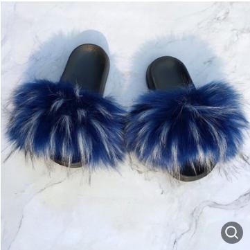 China PVC Customized New Multi Color Summer PVC Fluffy Furry Fox Fur Slides For Ladies for sale