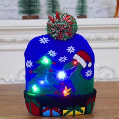 China 2021 COMMON Cute Winter Christmas Hat Beanie Knitted Pom Pom Beanie Hats Warm Led Hats With Lights for sale