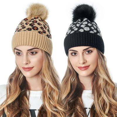 China Custom Stock Manufacturers Leopard Print Wool Winter Hat Knitted Hat With Hairball for sale