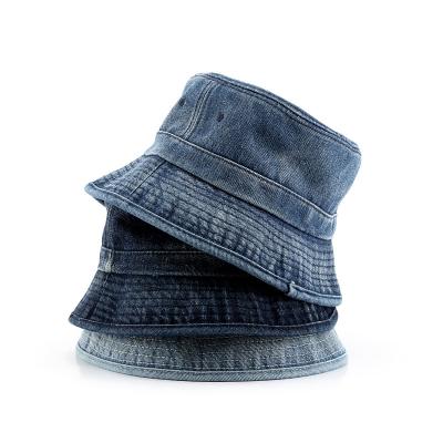 China Character Women Fashion Sun Lattice Bucket Hat Washed Tie Dye Denim Distressed Bucket Hat for sale