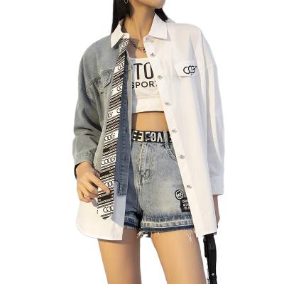 China Latest Design Breathable Denim Knitted Lapel Stitching Breathable Women's Custom Made Pattern OEM Fashion Long Shirt Blouses for sale