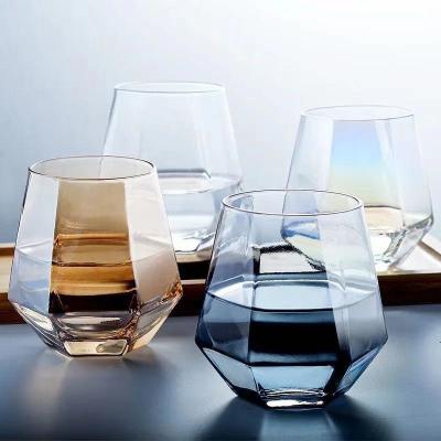 China Minimalist Hight quality machine blown clear square tumbler stemless wine glasses hexagon diamond whiskey glass cup for sale