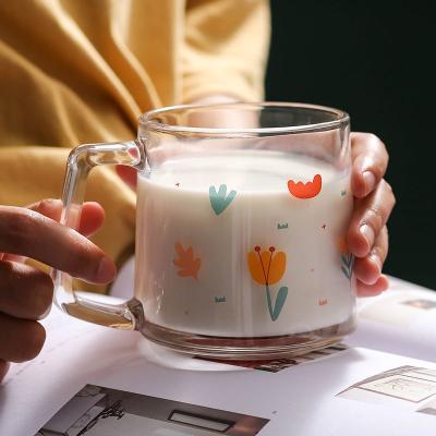 China Sustainable Creative Personality High Quality Sublimation Glass Tea Milk Coffee Mug Flower Pattern Borosilicate Glass Cup With Handle for sale