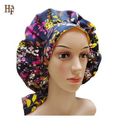 China Luxury Long Silk Tail Headwrap Durag Queency 100% African HF HQT137 Satin Hood Sleep Hair Hood With Two Attachable Bands Tails for sale