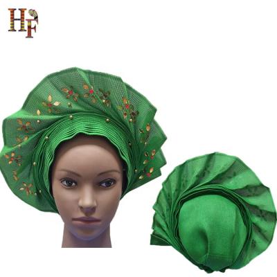 China African head wrap gele automatic headtie with sego head wrap women aso head oke beaded ladies automatic gele headtie for sale