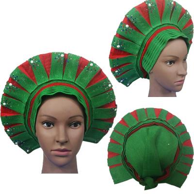 China 2020 new sego head African headtie auto wrap gele with beads women stones african gele for sale