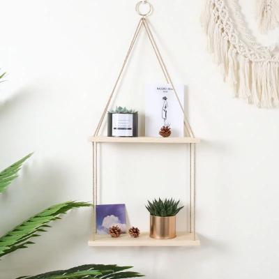 China Coastal Wooden Wall Hanging Shelf Braided Rope Storage Shelf Living Room Bedroom Rustic Floating Bohemian Decoration for sale